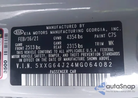 2021 Kia K5 Gt-Line z USA, uszkodzony, nr VIN 5XXG64J24MG064082